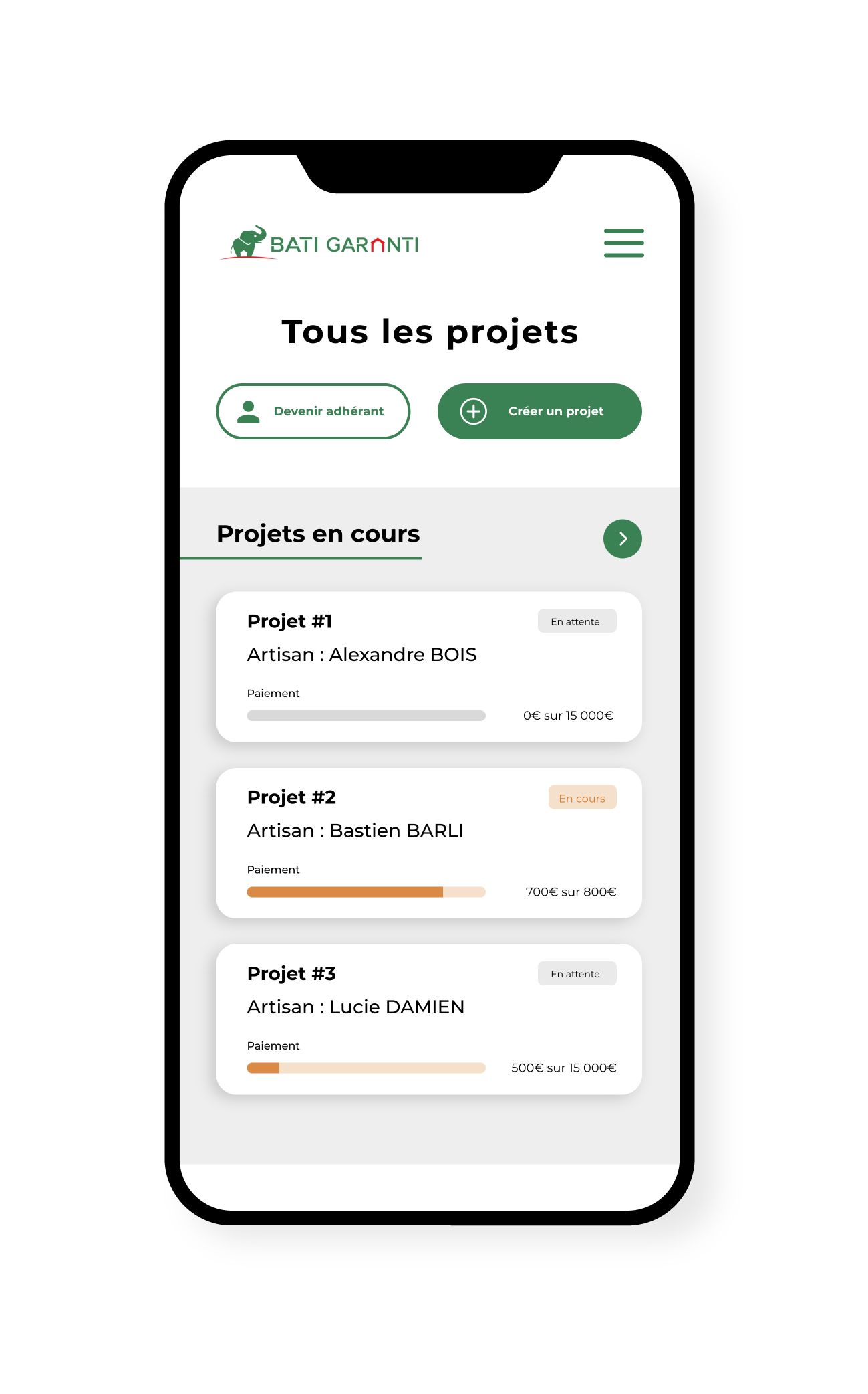 Mobile-01 page projets Bati Garanti sur mobile
